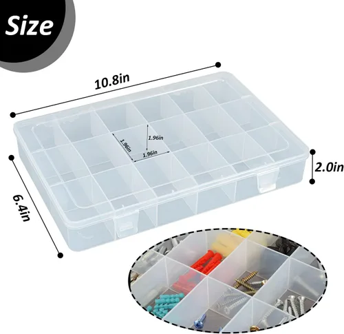 Vista 2 de Caja de almacenamiento organizadora de hilo de coser de 15 rejillas grandes, con divisores ajustables, soporte de plástico transparente