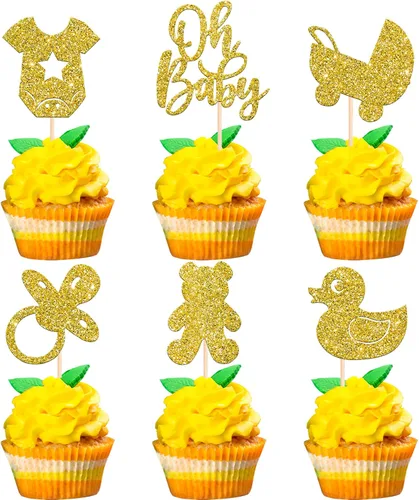 Vista 13 de 24 piezas Oh Baby Cupcake Toppers Glitter Baby Shower Cupcake Picks Reveal Género Decoración de Pasteles para Baby Shower Niños Niñas Fiesta de Azul