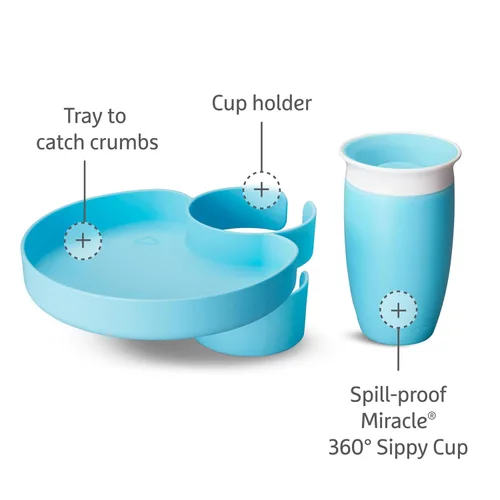 Vista 4 de Munchkin Bandeja para asiento de automóvil con taza Miracle 360 para niños pequeños de 1 a 3 años, accesorio de viaje y viaje por carretera para Azul