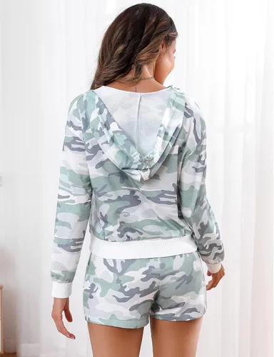Vista 3 de BLUEMING Conjunto de pijama para mujer con estampado de camiseta de manga larga con pantalones cortos, ropa de dormir cómoda, conjunto de pijama