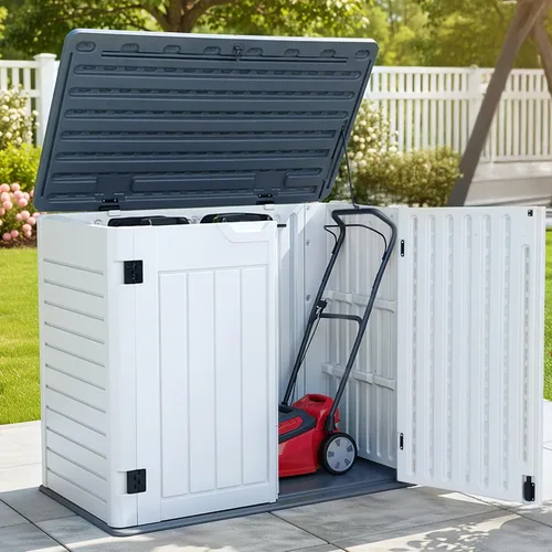 Vista 15 de YITAHOME - Cobertizo de almacenamiento horizontal al aire libre con puerta bloqueable en forma de X, cobertizo de herramientas de resina resistente