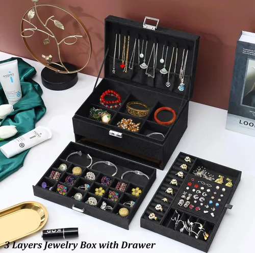 Vista 3 de Joyeros para mujer, organizador de joyas de terciopelo negro con cerradura, organizadores de joyas para adolescentes, organizador de joyas