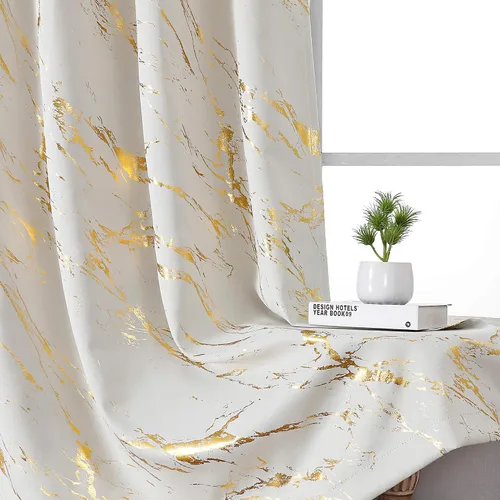 Vista 24 de WUBODTI Cortinas 100% Opacas de Mármol Beige de 63 Pulgadas de Largo 2 Paneles, Cortina Corta con Ojales de Impresión de Lámina Dorada Moderna