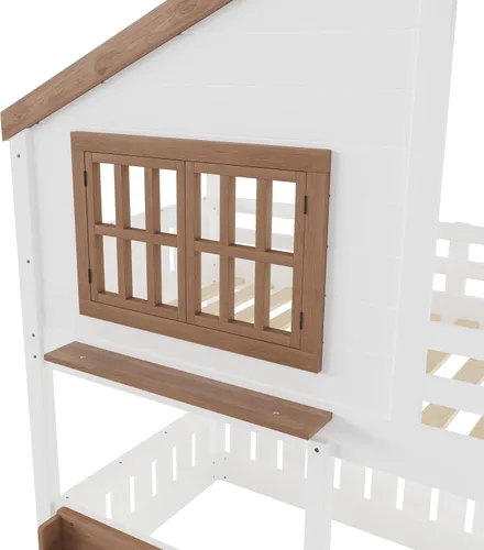 Vista 9 de Cama de Casa Tamaño Twin con Elegantes Ventanas y Estantería, Marco de Litera con Diseño de Castillo de Madera con Barandillas de Seguridad