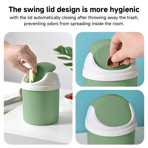 Vista 5 de Mini Cubo de Basura de Escritorio con Tapa Abatible, Elegante Papelera de Mesa con Lunares de Encaje, Cesta de Papel de Desperdicio Redonda, Pequeño