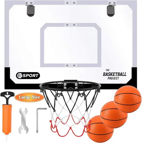 Vista 6 de Large Indoor Mini Basketball Hoop Set for Kids and Adult 24 X 16 Inch Board Family Games for Home and Office Door & Wall with 3 Balls and Complete