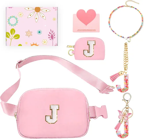 Vista 58 de Regalos de moda para niñas adolescentes, cangurera con monograma para niña con llavero, collar, dijes de taza, tarjeta de felicitación y caja