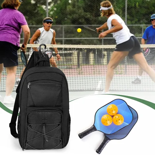 Vista 7 de GOBUROS Bolsa de pickleball para 2 paletas, mochila cruzada de pickleball con múltiples bolsillos y gancho para valla colgante para hombres y mujeres