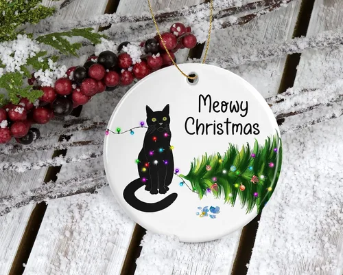 Vista 2 de HTDesigns Adorno de Navidad de gato negro – Adornos divertidos de gatos – Lindo adorno de gato negro – Adorno de Navidad de gato para amantes