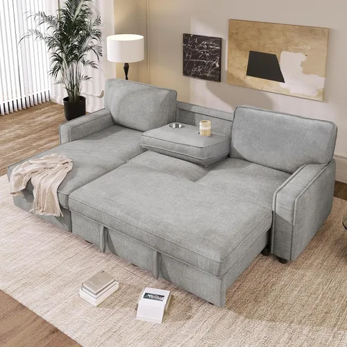 Vista 10 de Sofá modular moderno en forma de U de 115 pulgadas, juego de sofás tapizados grandes con asiento de almacenamiento, sofá cama convertible con diván