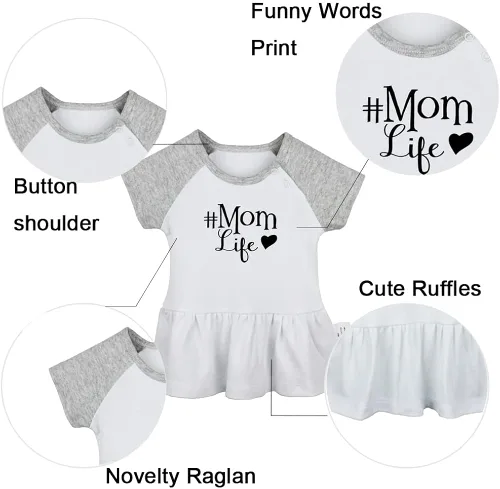 Vista 2 de iDzn Pack of 2, Mom Life & I'm Mom's Favorite Funny Print Dresses, Newborn Infant Baby Girls Princess Dress, Cute Ruffle