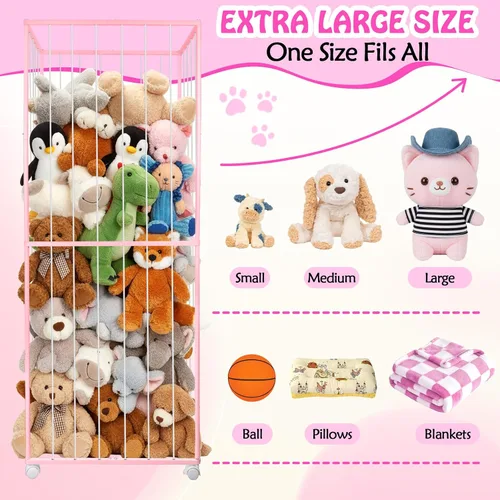 Vista 3 de Almacenamiento de animales de peluche, tubo de metal extra grande organizador de almacenamiento de juguetes con ruedas de freno, soporte