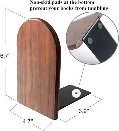 Vista 2 de Sujetalibros de madera, sujetalibros decorativos para estantes, libros pesados, soporte para libros de oficina, nogal negro, 6.7 pulgadas de alto x