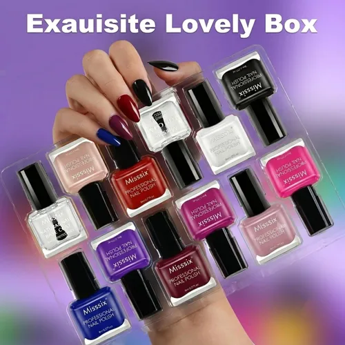 Vista 5 de Misssix 12 Pcs Nail Polish Set 10 Colors with Base Coat and Top Coat, Quick Dry Nail Polish, Mini Nail Lacquer Strengthening Manicure DIY Nail Art