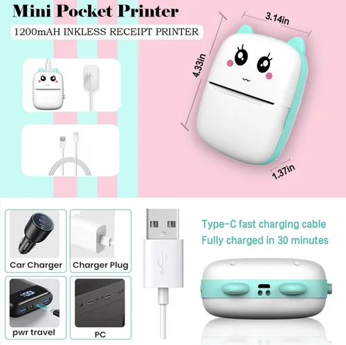 Vista 3 de Mini impresora de calcomanías con 11 rollos de papel, recibo de bolsillo térmico sin tinta para iOS iPhone y Android, Bluetooth portátil