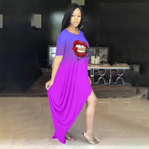 Vista 3 de Vestido de manga larga para mujer, sexy, con estampado de labios, cuello redondo, holgado, casual, irregular, vestido maxi de otoño