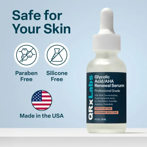 Vista 6 de Ácido glicólico/AHA - Suero renovador al 15% para el rostro, brillo intensivo, suavizante, exfoliante para noche o día, líneas finas, manchas