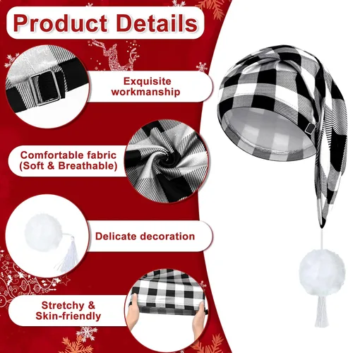 Vista 3 de Janmercy 2 gorros de dormir ajustables para hombre, gorro de dormir de búfalo a cuadros para adultos con bolas y borlas