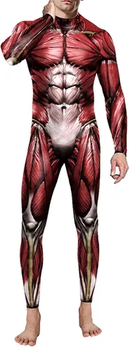 Vista 6 de Disfraz divertido de Halloween para hombre, diseño de esqueleto, overol para cosplay Negro y rojo