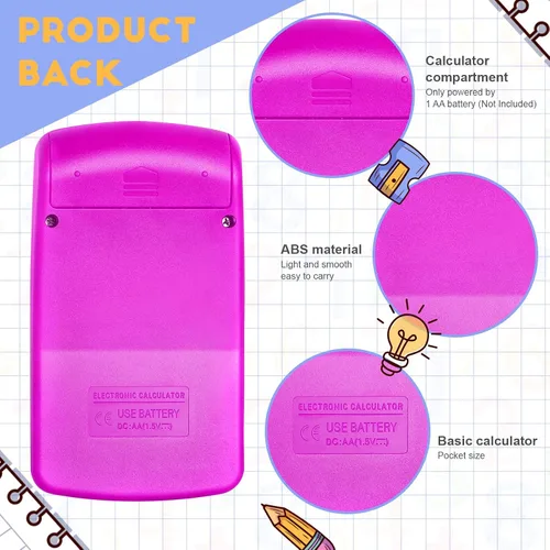 Vista 4 de Paquete de 12 mini calculadoras básicas de tamaño de bolsillo para estudiantes en ángulo de mano, pantalla de 8 dígitos, batería solar, calculadora