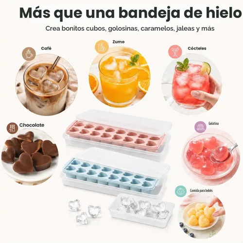 Vista 7 de 2 paquetes de bandejas para cubitos de hielo en forma de corazón con tapas y compartimentos, moldes de hielo con caja de almacenamiento de hielo, 48