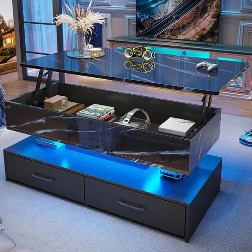 Vista 11 de SEDETA Mesa de centro elevable de 40 pulgadas, mesas de centro con almacenamiento para sala de estar, mesa de centro pequeña con 2 cajones y luz LED
