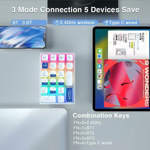Vista 3 de El teclado numérico mecánico inalámbrico de tres modos K21 RGB soporta 3 Bluetooth2.4GHzTipo C con cable, intercambiable en caliente, 21 teclas