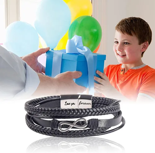 Vista 6 de Pulsera de cuero trenzado con texto en inglés «Love You Forever» para hombres y niños, pulsera inspiradora de acero inoxidable, pulsera de cuero