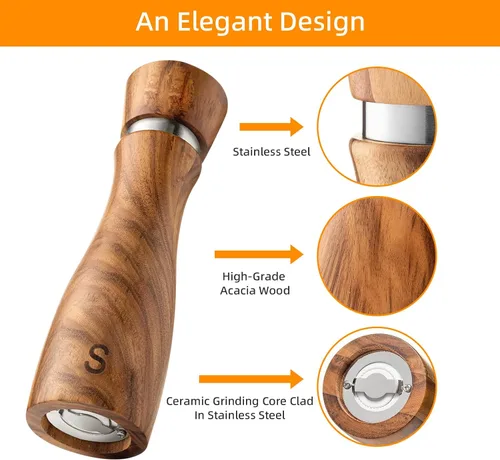 Vista 4 de Juego de molinillo de sal y pimienta de madera: molinillo de pimienta manual, grosor ajustable, hecho de madera de acacia con núcleo