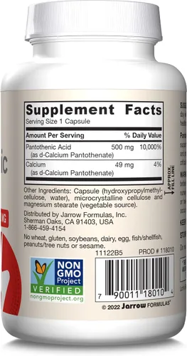 Vista 10 de Jarrow Formulas Ácido pantoténico B5 500 mg, suplemento dietético, vitamina B5 para apoyo de hormonas suprarrenales y metabolismo de energía