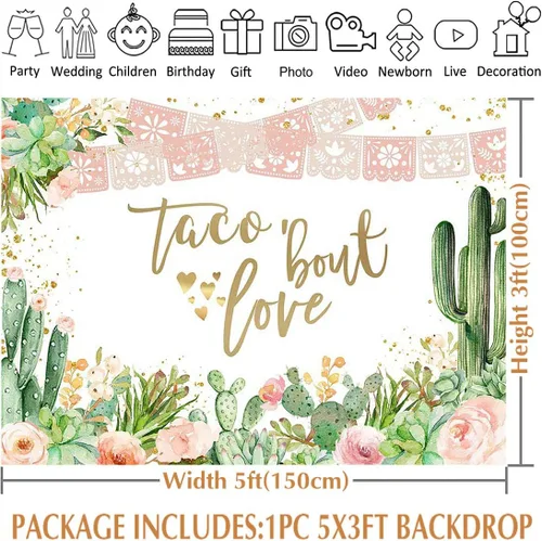 Vista 3 de Avezano Telón de fondo de amor con temática de Taco Bout Love y flores de cactus de oro rosa para boda, despedida de soltera, boda, compromiso