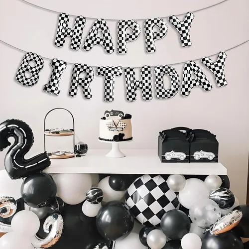 Vista 3 de Decoraciones de fiesta de cumpleaños de coche de carreras, pancarta de globos de feliz cumpleaños a cuadros en blanco y negro