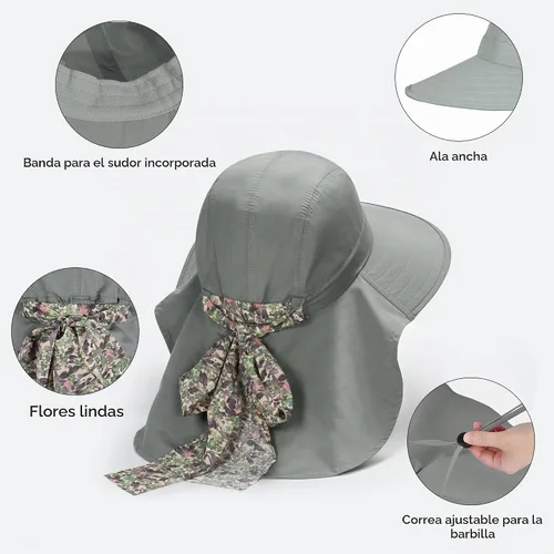 Vista 3 de Solaris UPF 50+ Gorro de ala ancha para mujer - Tamaño pequeño, ligero y plegable, gorro floral refrescante con solapa para el cuello #1 Gris