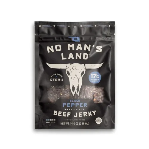 Vista 10 de No Mans Land Beef Jerky - Pimienta negra Tiras de carne seca secadas lentamente, ahumadas y sazonadas Bocadillo de carne de res alto