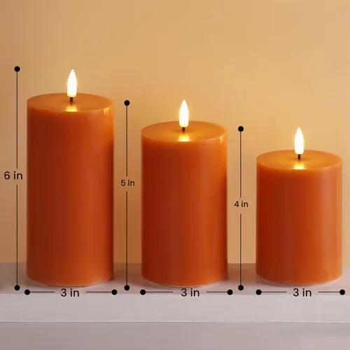 Vista 2 de Juego de 3 velas de pilar sin llama con control remoto, color naranja