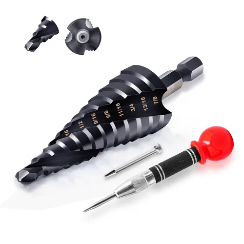 Vista 9 de Hakkin M35 Cobalt Unibit - Broca escalonada para metal de 1/4 a 3/4 pulgadas, con revestimiento de titanio, juego de tres brocas en espiral y punzón