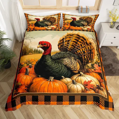 Vista 25 de Erosebridal Juego de funda de edredón individual de pavo de Acción de Gracias, juego de ropa de cama de calabaza y hojas de otoño para niños