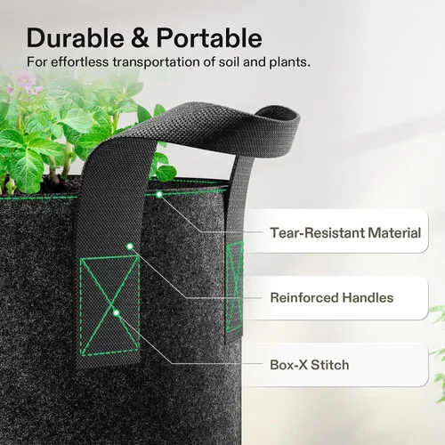 Vista 4 de VIVOSUN - Paquete de 5, 1 galón, bolsas para cultivar de tela no tejida gruesa resistente con asas Negro