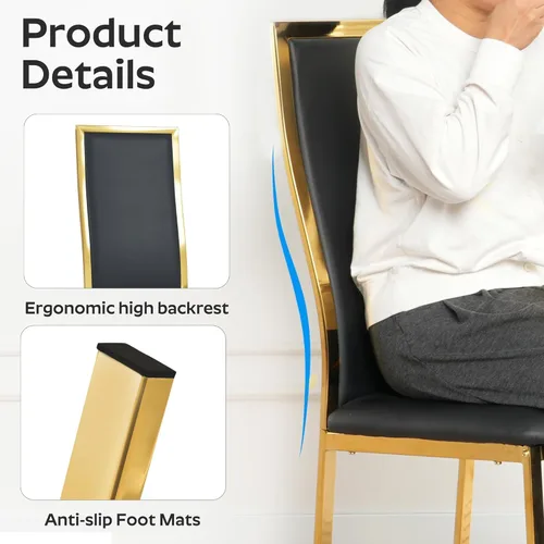 Vista 3 de Juego de 2 sillas de comedor modernas, piel sintética negra con patas de metal dorado cromado, diseño de respaldo alto curvo y acolchado tipo nube