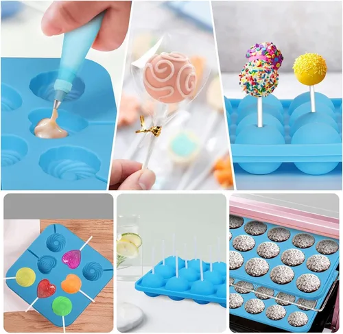 Vista 3 de Kit de 554 piezas para hacer pasteles – Moldes de silicona para piruletas con soporte de exhibición de 3 niveles Olla para fundir dulces