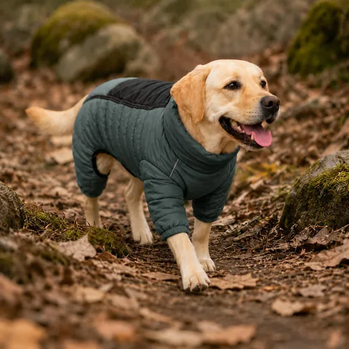 Vista 7 de Suéter para Perro ArmyGreen, Resistente al Viento, Reflectante - Chaqueta de Invierno Dirigible para S, M, L - Cremallera, Tallas Ajustables Verde