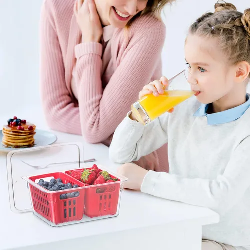 Vista 6 de Oggi Contenedor de bayas para nevera, canasta de doble colador, contenedores ideales para refrigerador, incluye inserto de colador de bayas