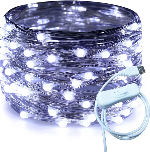 Vista 8 de RUICHEN Cable plateado de 33 pies con 100 luces LED USB con interruptor de encendido/apagado (blanco cálido)