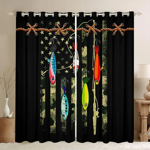 Vista 25 de Cortinas opacas de camuflaje con bandera estadounidense, regalo para niños, cortina de ventana de camuflaje verde con rayas negras, estrellas