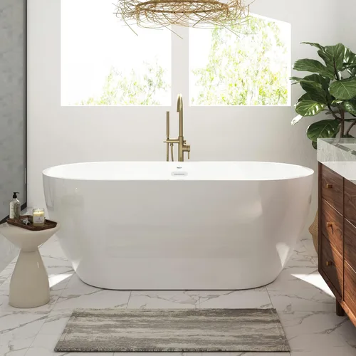 Vista 37 de FerdY Bañera independiente de acrílico Bali de 47 pulgadas, bañera independiente con forma elegante, certificado cUPC, drenaje dorado cepillado