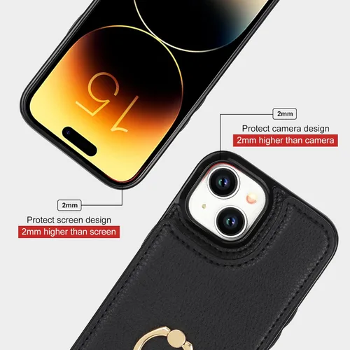 Vista 8 de Folosu Compatible con iPhone 15 Funda cartera con tarjetero con rotación de 360°, soporte de anillo de dedo con función atril, bloqueo RFID