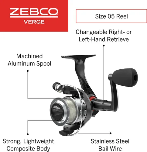 Vista 2 de Zebco Verge Spinning Fishing Reel, Right or Left-Hand Retrieve, Pre-Spooled with Zebco Fishing Line, All-Metal Gears, TRU Balance Rotor, Black