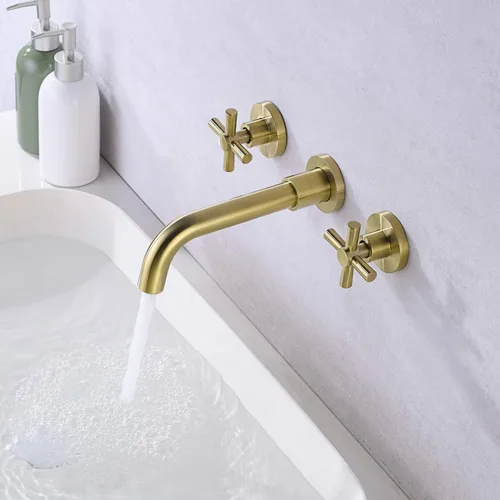 Vista 3 de Grifo de baño de latón cepillado para montaje en pared, dos asas cruzadas y válvula empotrada incluida, SUMERAIN Oro cepillado