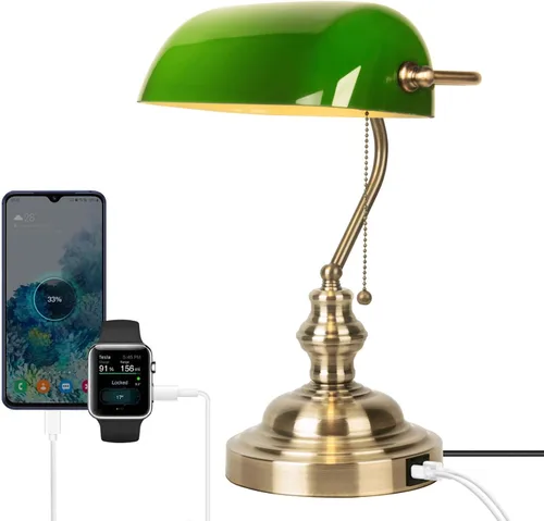 Vista 11 de Lámpara de Banco de Vidrio Verde, Lámpara de Escritorio Retro con Puerto de Carga Inalámbrica USB, Lámpara de Mesa con Cadena Clásica, para Mesita