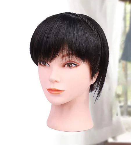 Vista 5 de Corona de cabello humano con clip para puntos calvos femeninos, con flequillo recto, 10 pulgadas, color marrón oscuro